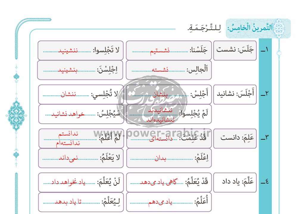 ترجمه متن و پاسخ تمارین درس 1 عربی دوازدهم