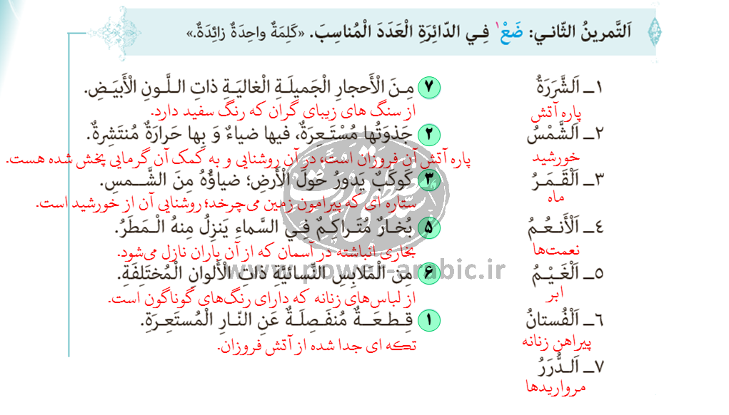 ترجمه متن و پاسخ تمارین درس 1 عربی دهم